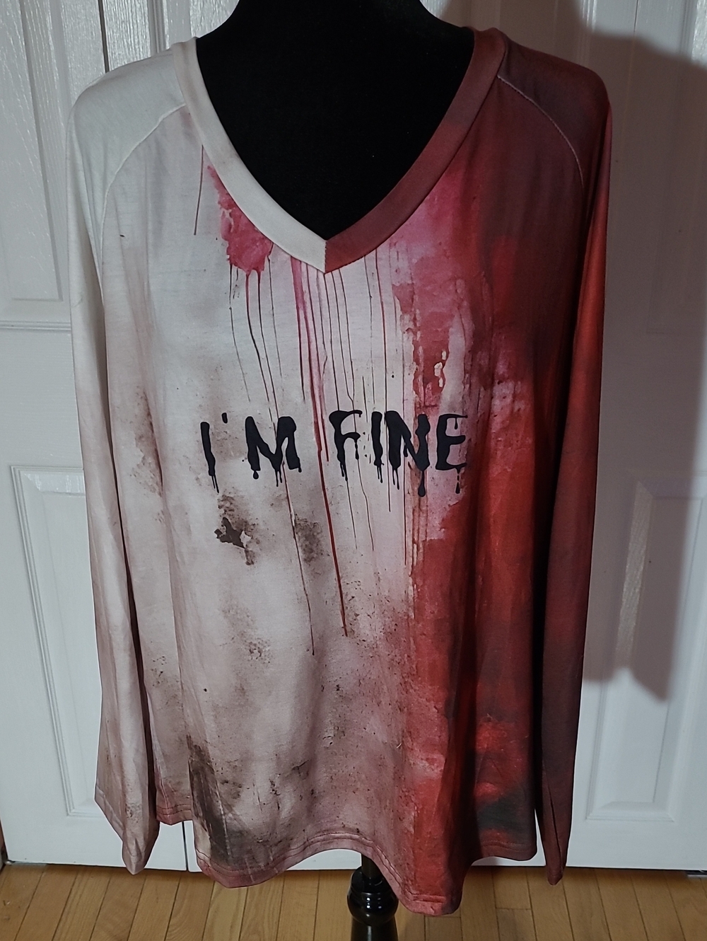Women's Long-Sleeve 'I'm Fine' V-Neck Jersey in White and Red